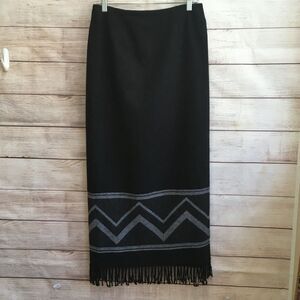 NINE & CO AZTEC DESIGN WRAP MAXI SKIRT WITH FRINGE IN BLACK‎ WOOL BLEND